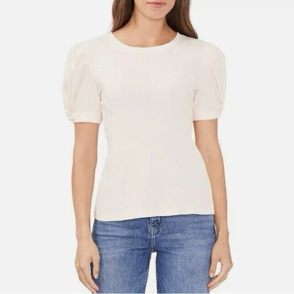 Vince Camuto Puff Sleeve Ribbed Pullover Top Bone Cream Size XXL